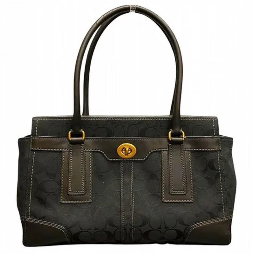 Coach Hampton 11063 Black Signature Monogram Canvas Leather Carry All Bag